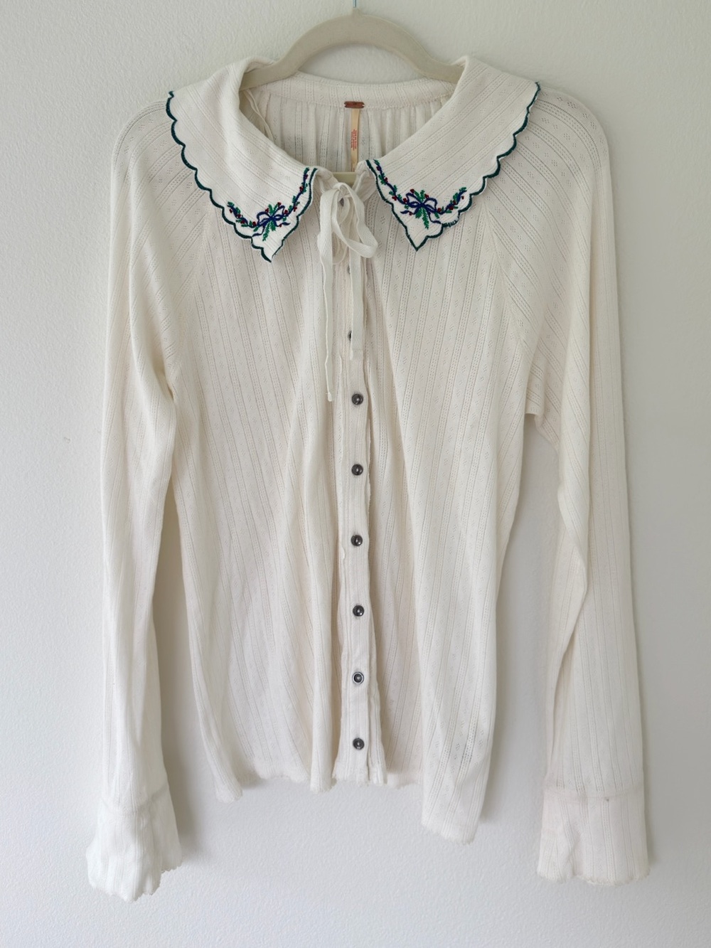 Free People Juniper Embroidered Cream Knit Button Up Top Vintage-Inspired XL